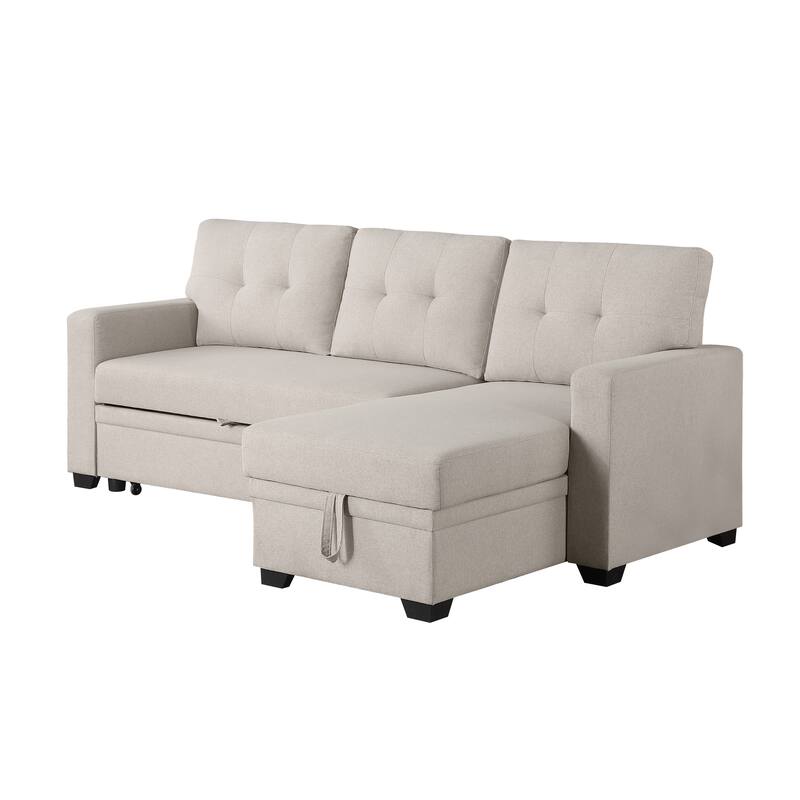 Beige Linen Upholstered Pull out Sectional Sofa with Chaise
