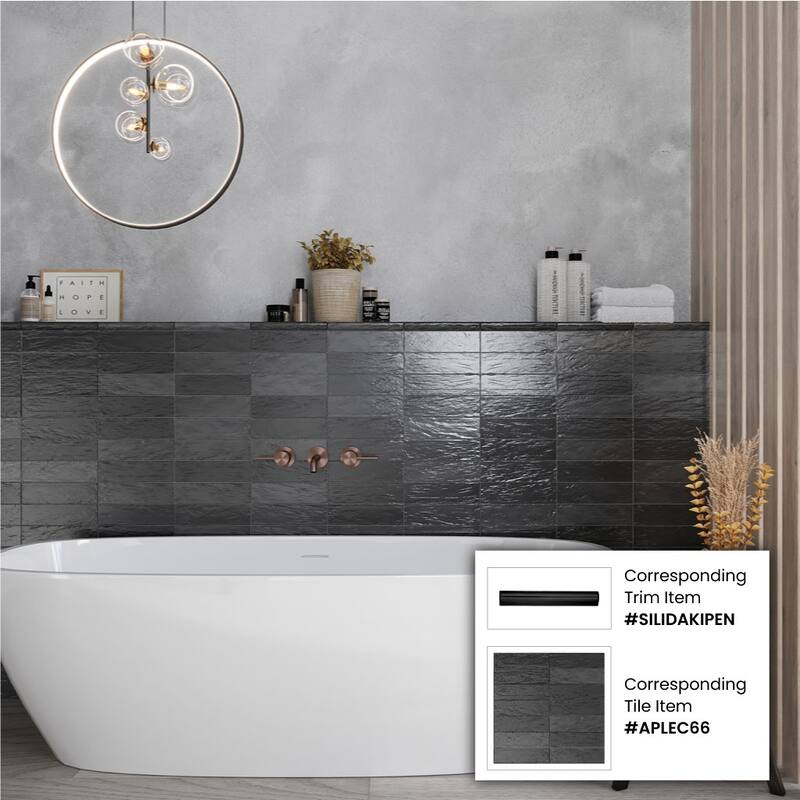 Apollo tile 1.25" x 8" Duchess Matte Glossy Black Ceramic Tile (0.67 sq ft/case) - 10 Pack