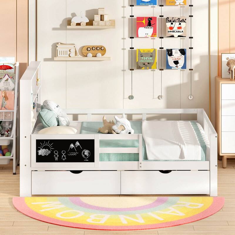 Costway Twin/Full Size Bed Frame with 2 Drawers Bookcase & Blackboard