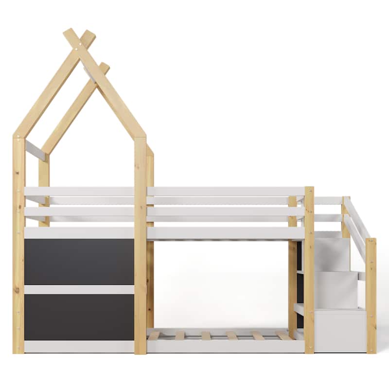 Twin Over Twin House Bunk Bed with Storage Staircase, Two Blackboards, and Pinewood Frame for Kids' Rooms