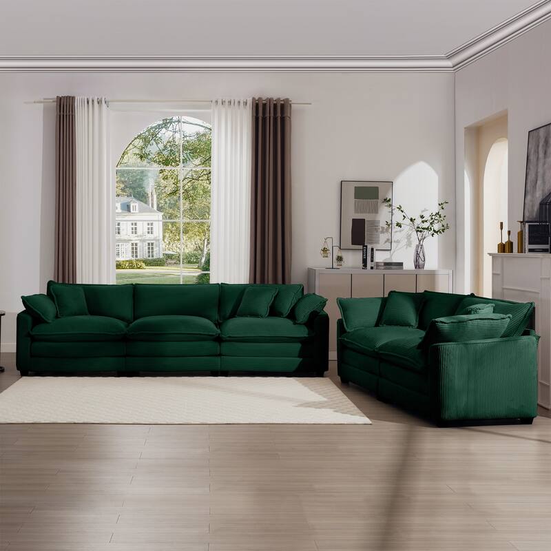 Corduroy Fabric Deep Seat Sofas Set with Throw Pillows, 3+2 Seater Flexible Combinations Sofa with Removable Armrests