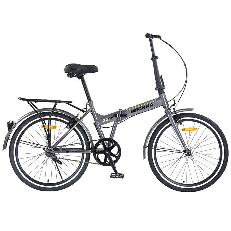 24 Inch Folding Bike with Fenders, Single Speed City Commuter Bicycle with Dual V-Brake, Steel Frame Portable Compact Bicycle - Grey