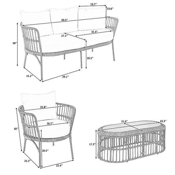 4Piece Rattan Outdoor Patio Conversation Set with Coffee Table Bed