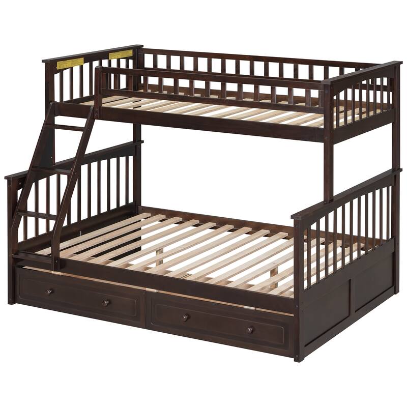 Wooden Storage Bunk Bed Frame with Fence-shaped Guardrails and Pull-out Drawers, Convertible 2 Platform Beds, Detachable Design