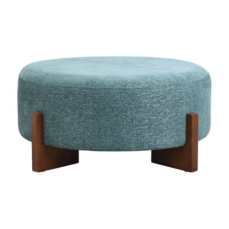 Christopher Knight Home - 34" Round Tufted Upholstered Cocktail Ottoman, Leather Coffee Table with Solid Wood Legs