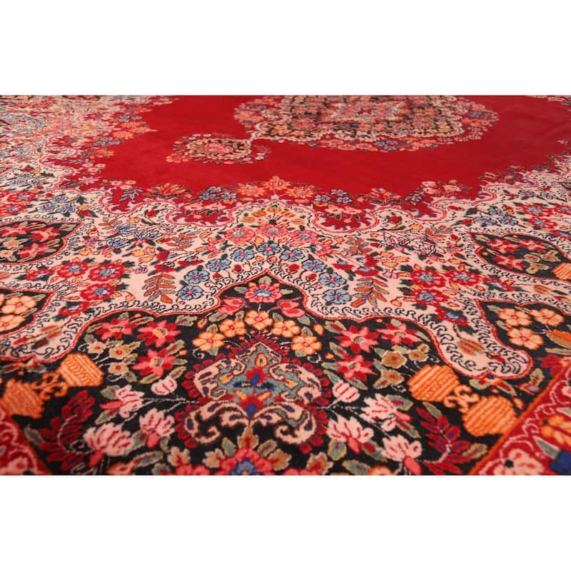 Red Medallion Kerman Persian Vintage Area Rug Handmade Wool Carpet - 9'2"x 12'8"