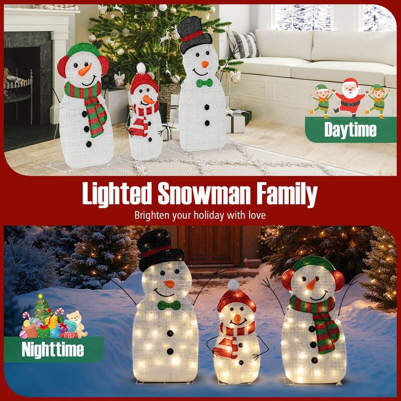 Costway 3PCS Pre-Lit 2D Snowman Set with LED Lights for Home Lawn Yard - as pic shows - See Details