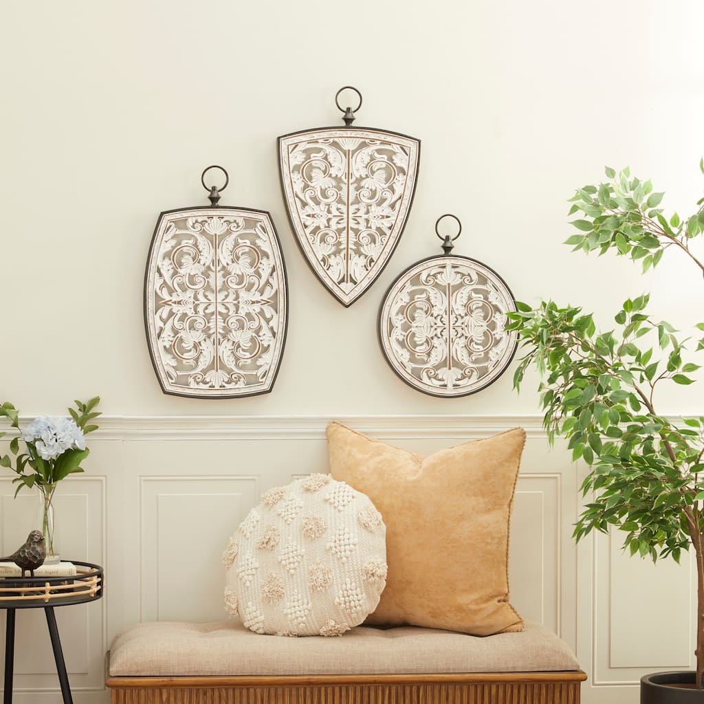 White Wooden Carved Design Floral Home Wall Decor with Ring Hanger (Set of 3)
