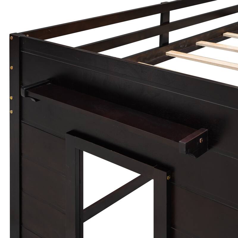Twin Size Low Loft Bed with Drawers, Shelf and Cabinet, Storage Platform Bed, Solid Wood Bed Frame with Ladder and Guardrails