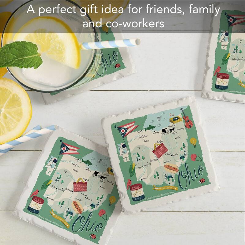 Ohio 4-Pack Absorbent Stone Coasters with Protective Cork Backing 4" Square Manufactured in The USA Artistic Easily Wipes Clean