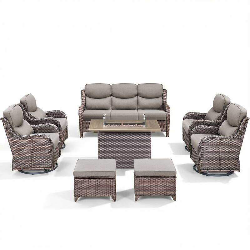 Pocassy Outdoor Fire Pit Sofa Swivel Chairs Ottoman Furniture Set