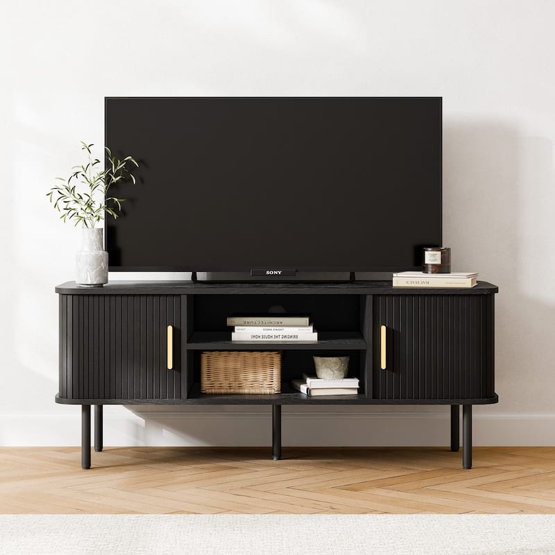 Mid-Century Modern Media Console, Tambour TV Stand with Storage Cabinet and Shelf