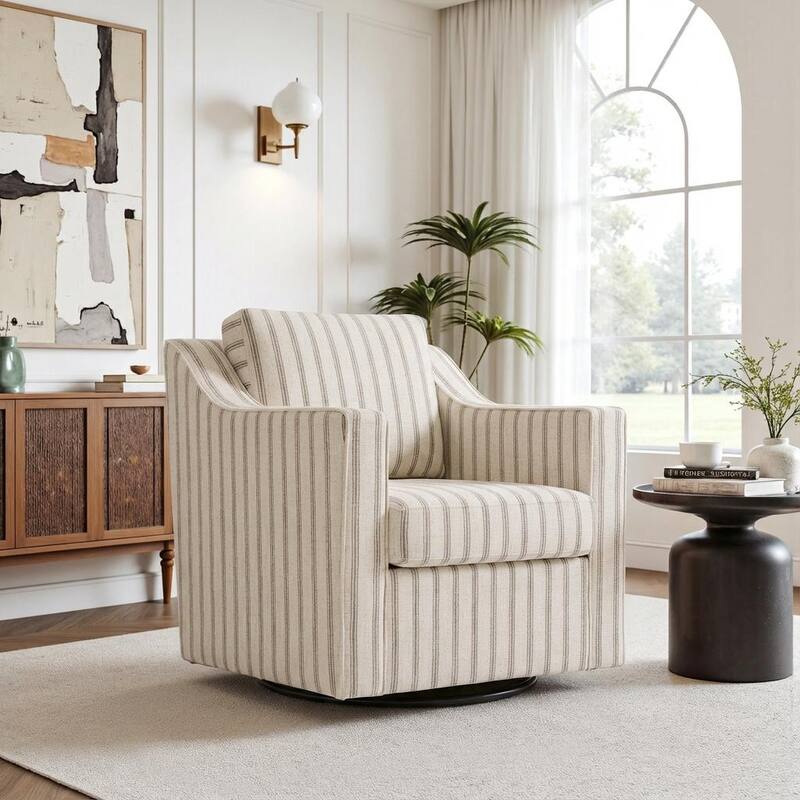 30'' W Vegan Leather/ Chenille Swivel Accent Chair - Pinstripe Light Brown-Linen