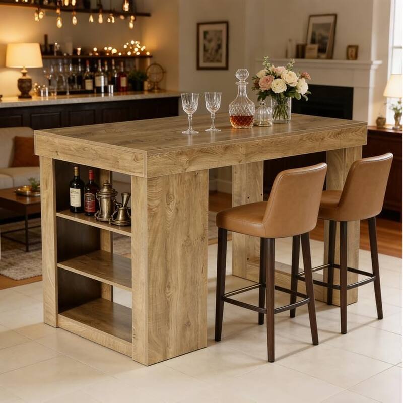 Large Farmhouse Bar Table, 55" Wood Counter Height Table with Storage - Brown