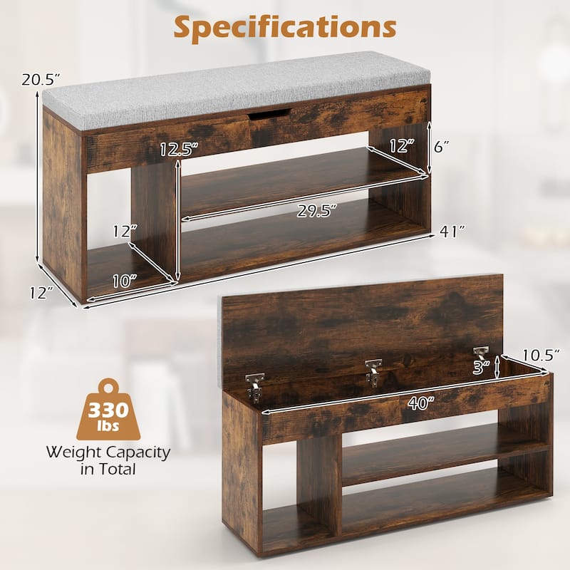 Engineered Wood Shoe Bench with Cushion and Storage Shelves - 41" x 12" x 20.5" (L x W x H)