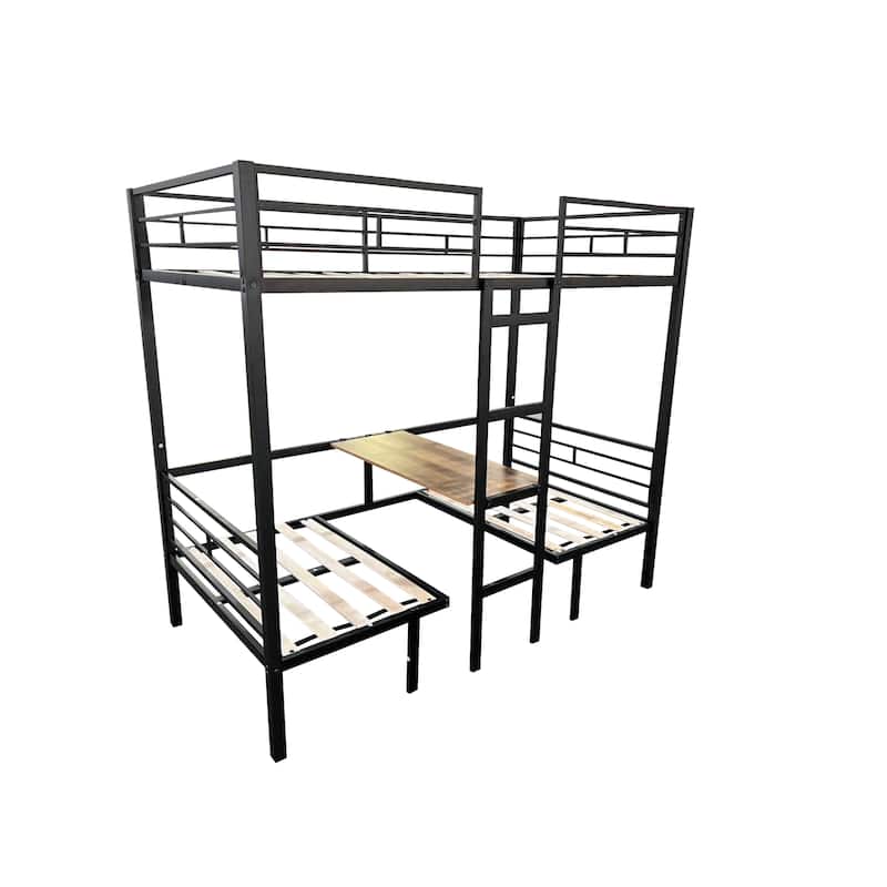 Black Twin over Twin Size Steel Loft Bunk Bed with Transformable Table Sets