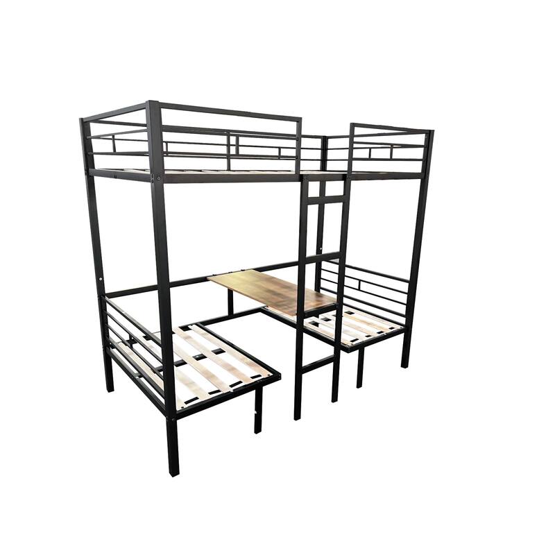 Convertible Full Size Loft Bed with Table & Storage, Metal Frame, Quiet Wood Slats, Safety Rails, Space-Saving Design