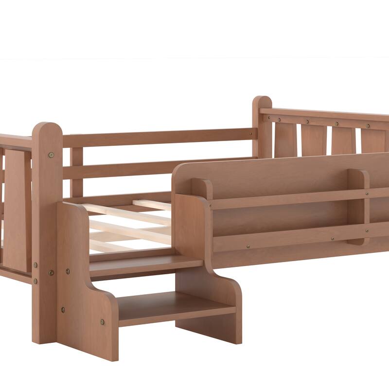 Full/Twin Floor Bed with Storage Bookcases & Cute Stairs - Solid Wood Kids Bed, No Box Spring
