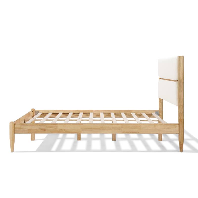 Queen Size Solid Wood Bed Frame with Upholstered Headboard, Ivory