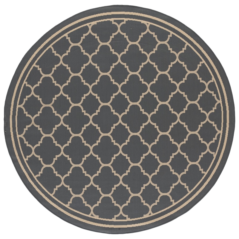 SAFAVIEH Courtyard Kristelle Indoor/ Outdoor Waterproof Patio Backyard Rug - 6'7" Round - Anthracite/Beige