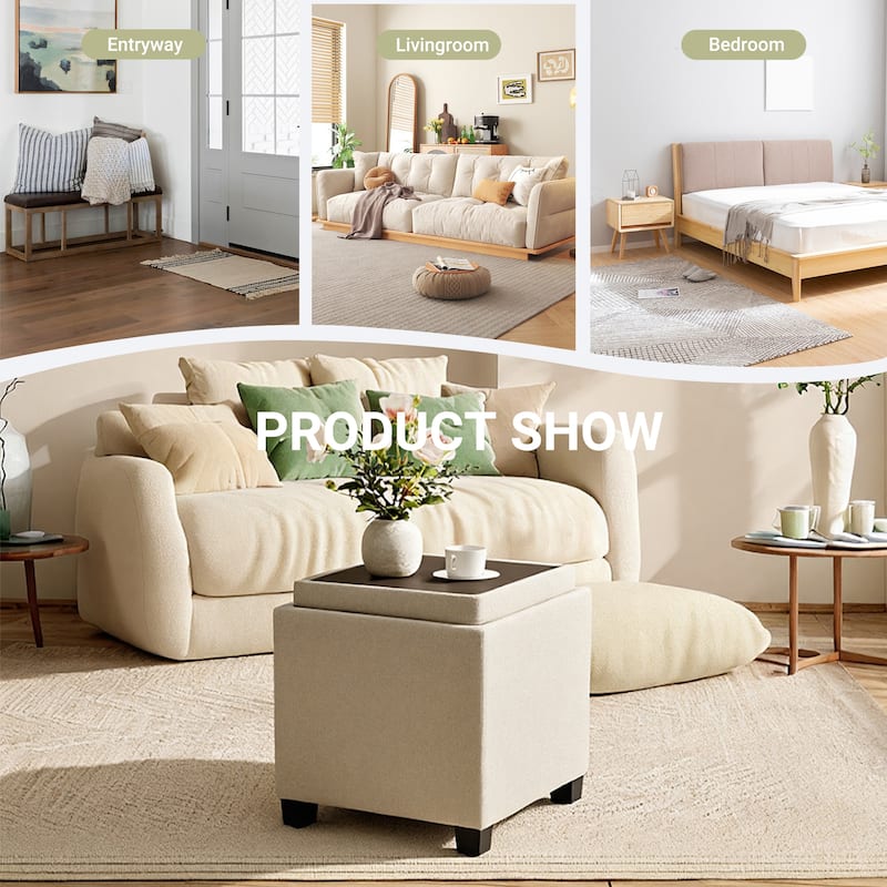 RENEWLINE ​18" Square Storage Ottoman with Tray - 250LBS Weight Capacity, Leather Upholstered Footstool for Living Room