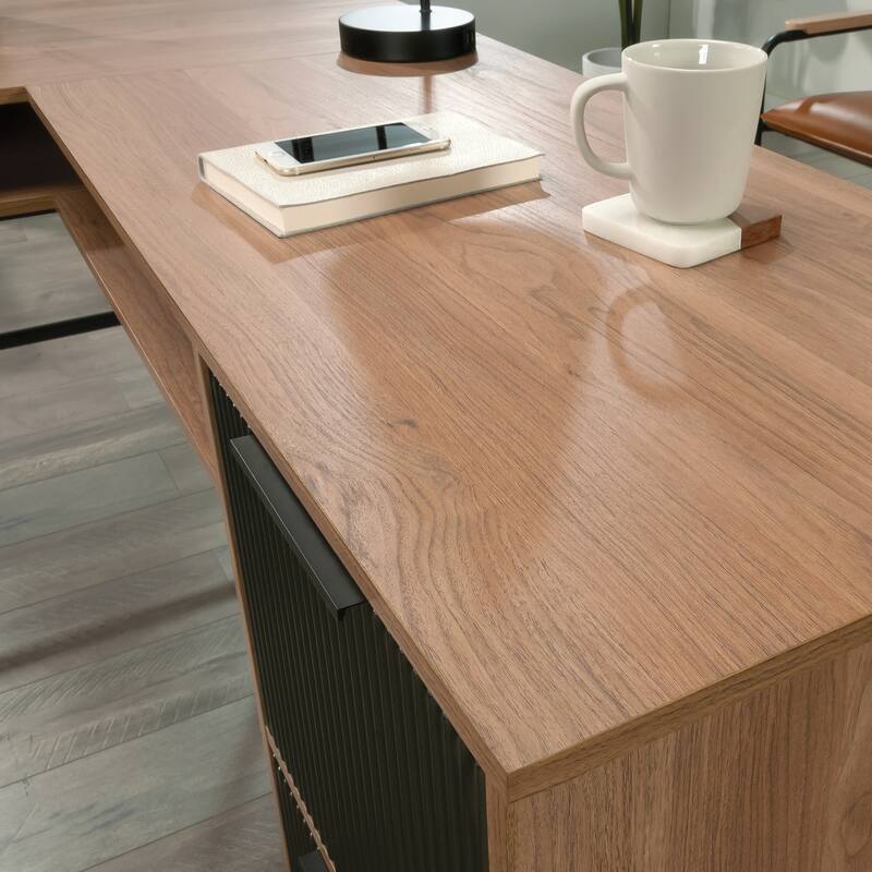 Wood L-Shaped Desk with Cord Management, Brown.