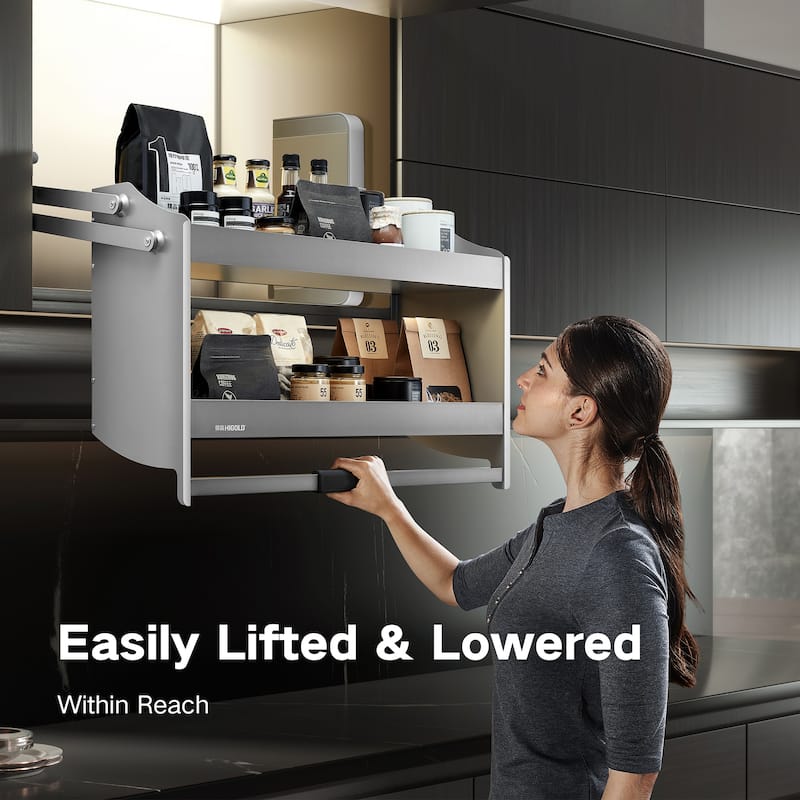 HIGOLD Shearer 2-Tier Pull Down Cabinet Organizer 35.4" Aluminium Kitchen Storage Shelf - 34.57"W x 11.14"D x 20.59"H