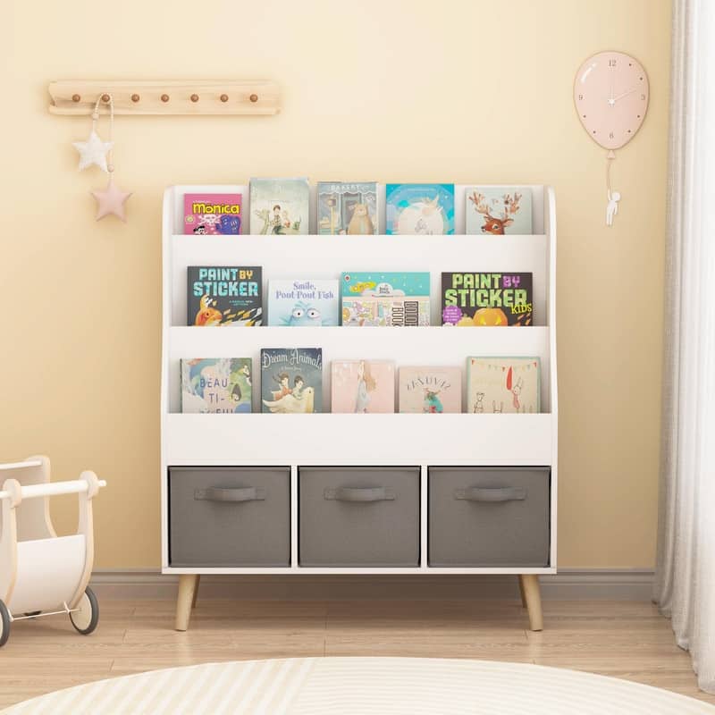 Kids Bookshelf with 3 Fabric Storage Bins - White Wooden Front-Facing Book Display Organizer with Pine Legs