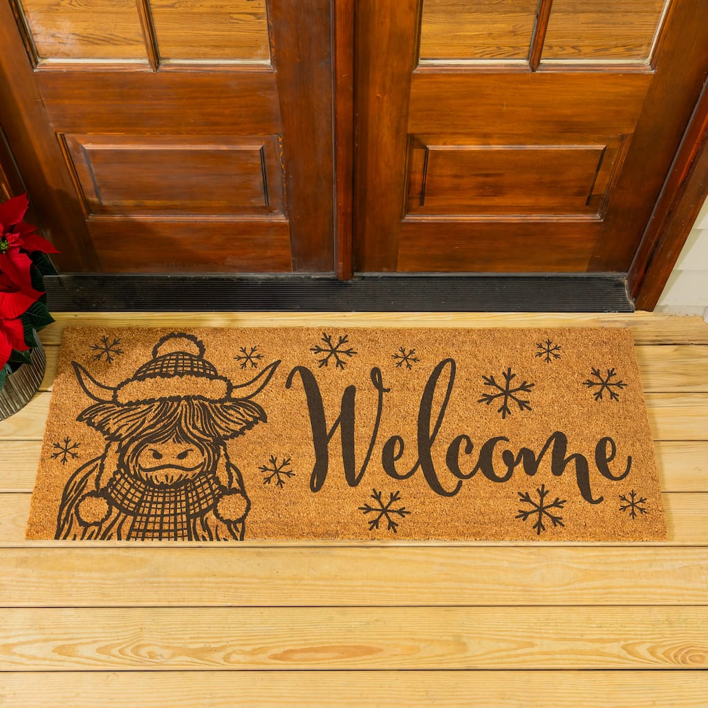 Holiday Highland Cow Coir Door Mat - "Welcome" - 60"x24"