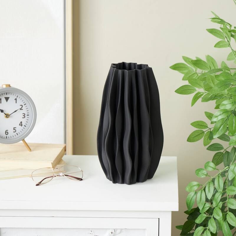 Black Ceramic Dimensional Wavy Ribbed Abstract Vase with Floral Shaped Rim - Black - 7"W, 12"H