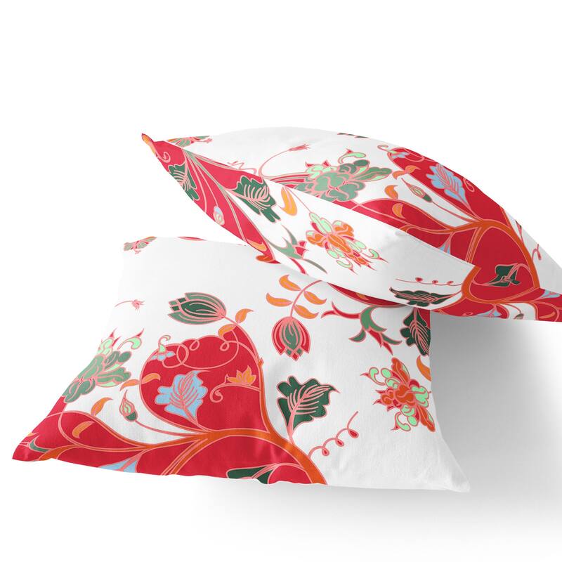 HomeRoots Set of Two 16" X 16" Red and White Blown Seam Floral Indoor Outdoor Throw Pillows - 16.00' X '16.00' X '5.00
