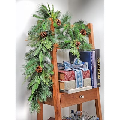 60" Juniper/Cedar Mix Pine w Bay leaf &Cone Garland - Natural Frost