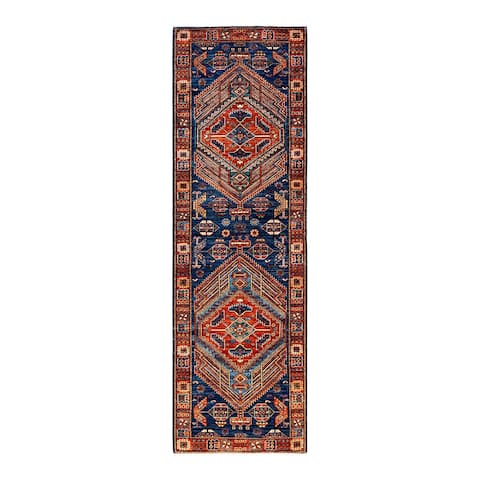 One of a Kind Hand Knotted Traditional Tribal Traditional Area Rug - 9' 10" X 2' 9"