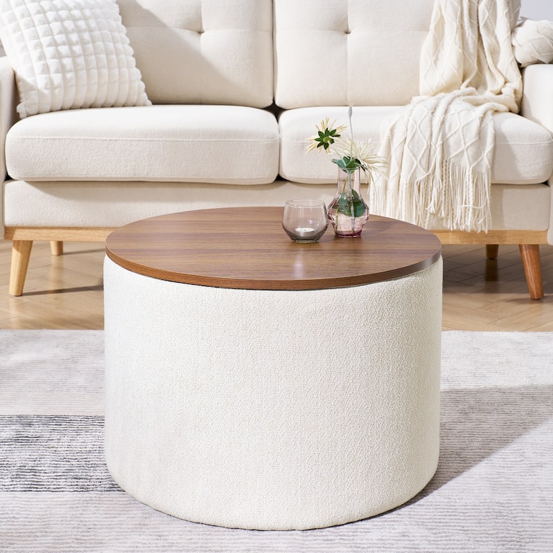 2Piece Set Round Chenille Storage Ottoman, Equipped with a Drum Shaped Small Stool