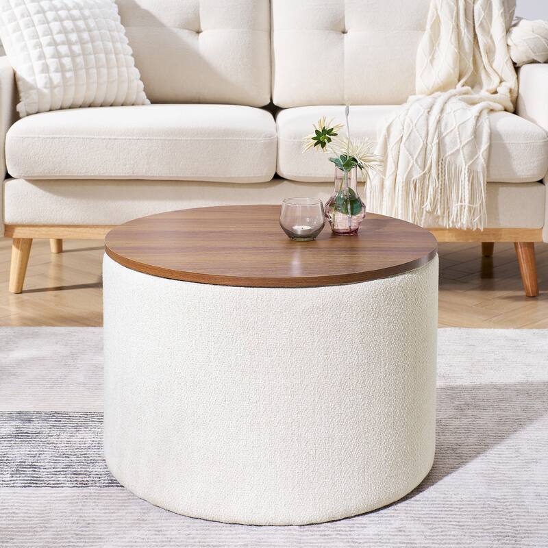 Roomfitters 2-Piece Round Chenille Storage Ottoman Set with Drum-Shaped Stool and MDF Top, Hidden Compartment
