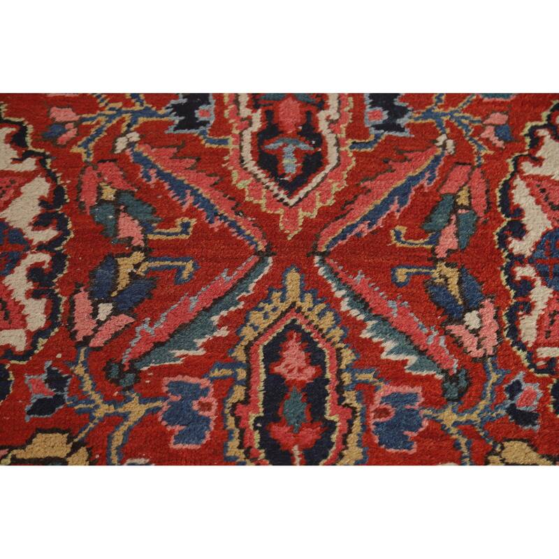 Hand Knotted Oriental 100% Wool Carpet Traditional Floral Red Heriz (serapi) Runner Rug - 12' 8'' X 3' 4''
