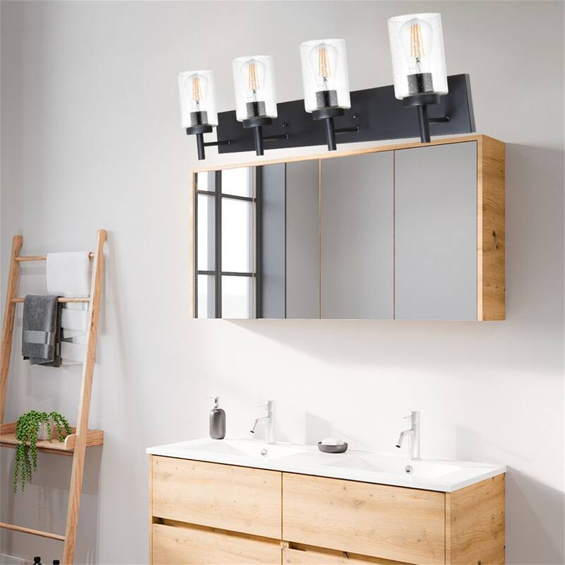 4-Light Black Vanity Light with Seeded Glass Shades