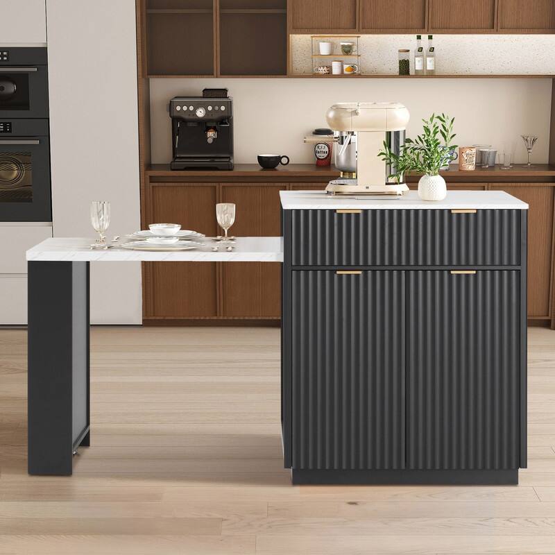 82.6" Fluted Kitchen Island with Extendable Dining Table and Power Outlet for Modern Kitchen Spaces - Black