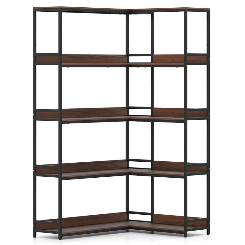 5-Tier Industrial Wood Open Corner Bookcase 90 Degrees Large Bookshelf - Walnut