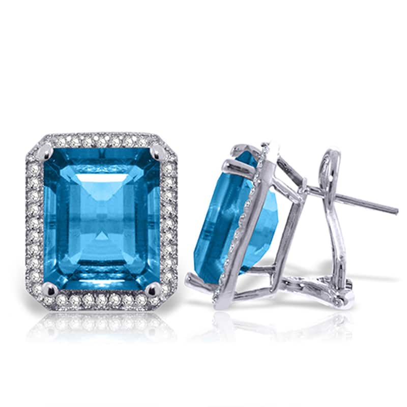 15.6 Carat 14K Solid Gold Octagon Blue Topaz Diamond Earrings - White