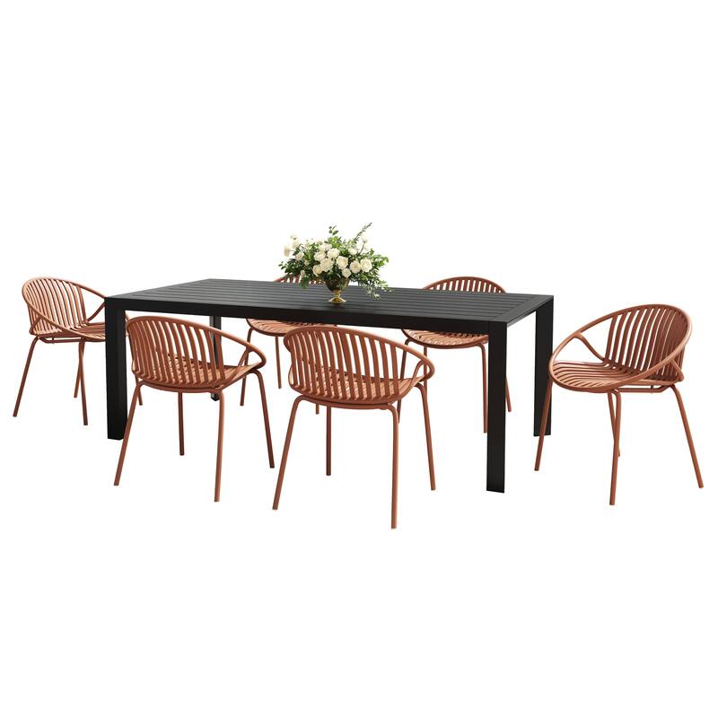 Outdoor Patio 7 Pieces Dining Table Set with 6 Stackable Chairs Modern Casual Coffee Table for Courtyard, Poolside