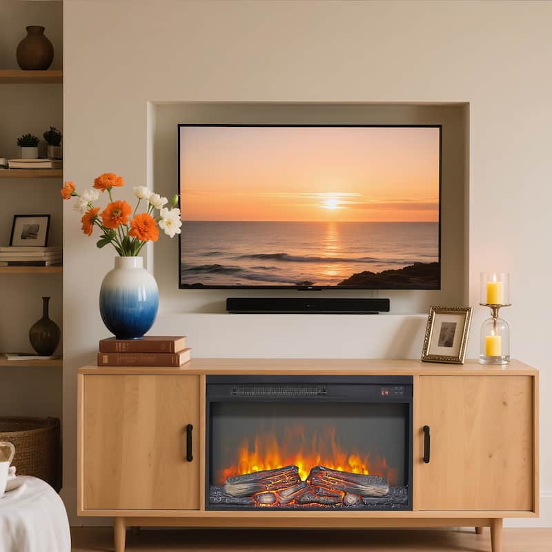 26 inch electric fireplace insert, ultra thin heater with log set & realistic flame, remote control with timer