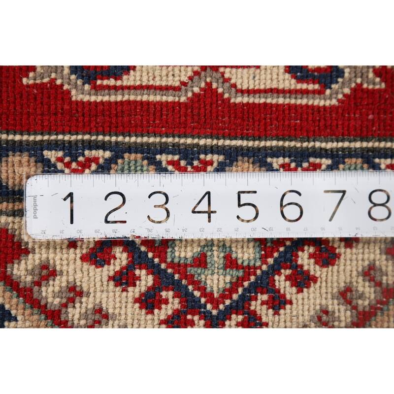 Red Geometric Kazak Oriental Runner Rug Hand-Knotted Wool Carpet - 2'8" x 9'4"