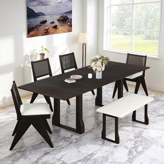 6-Piece 82.7inch Extendable Dining Table Set with 4 Wicker Back ...