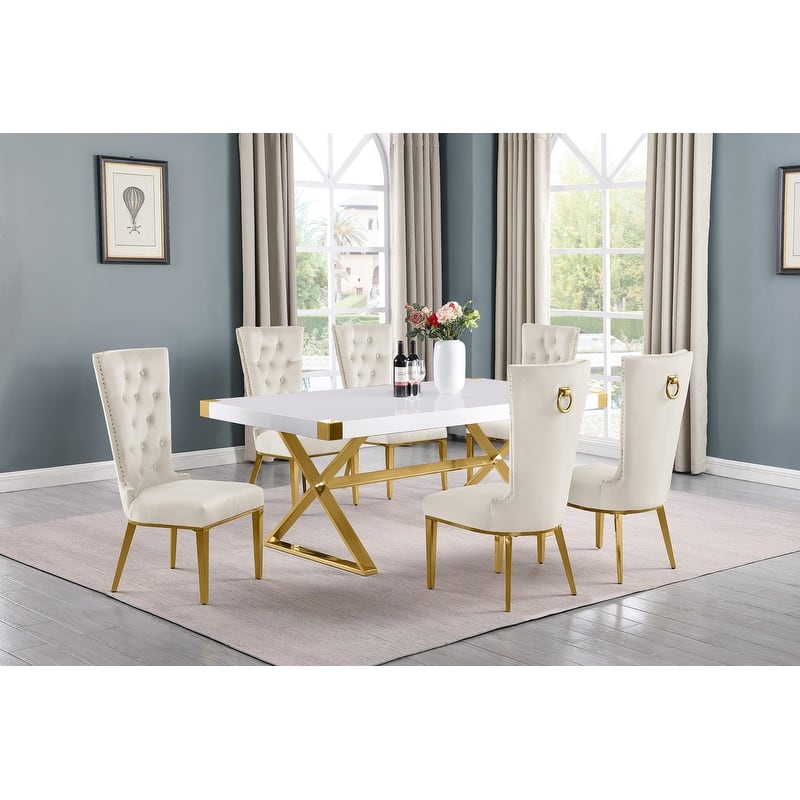 Best Quality Furniture D440/1-SC330-7 Dining Set with 78" White Lacquer Wood Top