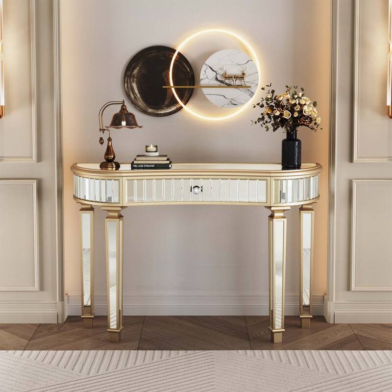Half-Moon Mirrored Console Table with Fluted Glass,Crystal Knob Drawer - Gold+Sliver