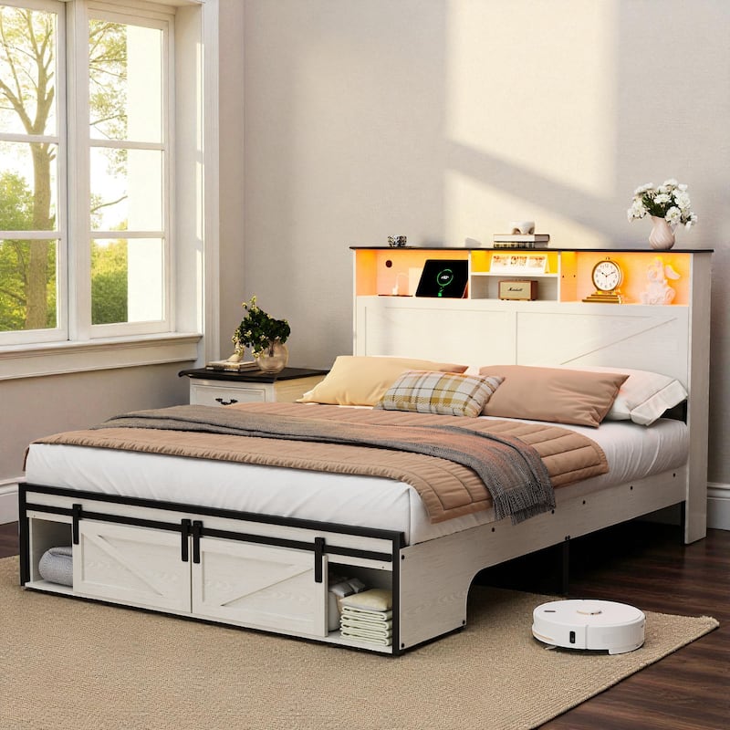 Farmhouse Full/Queen Bed Frame with Storage Headboard, Charging Station and RGB LED Lights, MDF and Steel Platform Bed - White - Full