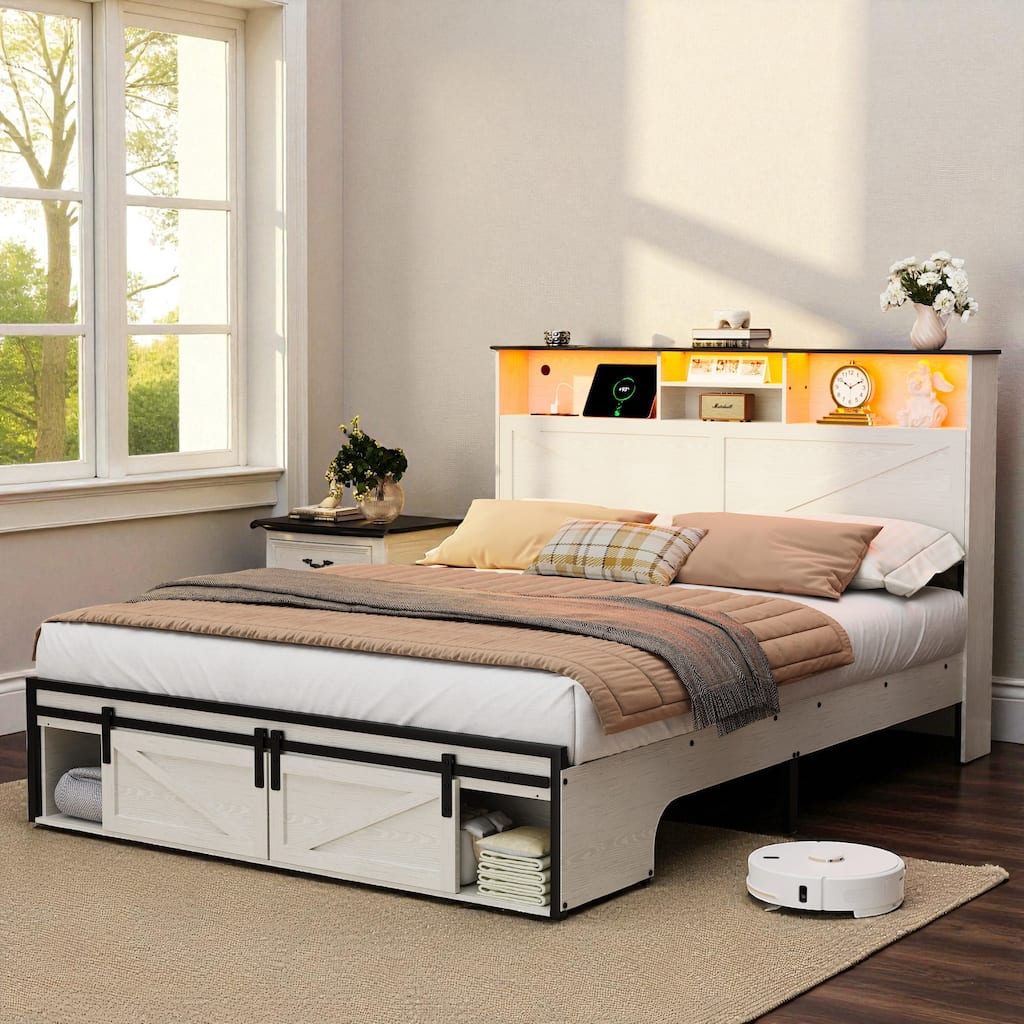 Farmhouse Full/Queen Bed Frame with Storage Headboard, Charging Station and RGB LED Lights, MDF and Steel Platform Bed