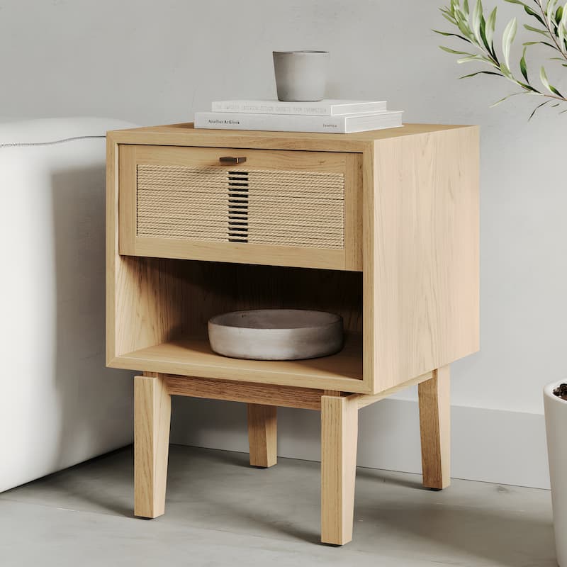 Studio London Oak End Wooden Table Night Stand with Storage Drawer - Oak, Natural, Brass - Wood