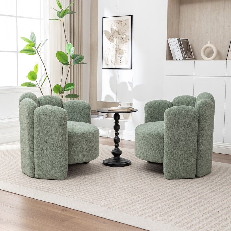 SEYNAR Modern Glam Teddy Fabric Upholstered Round Accent Chair with Flower Shaped Back Design Set of 2